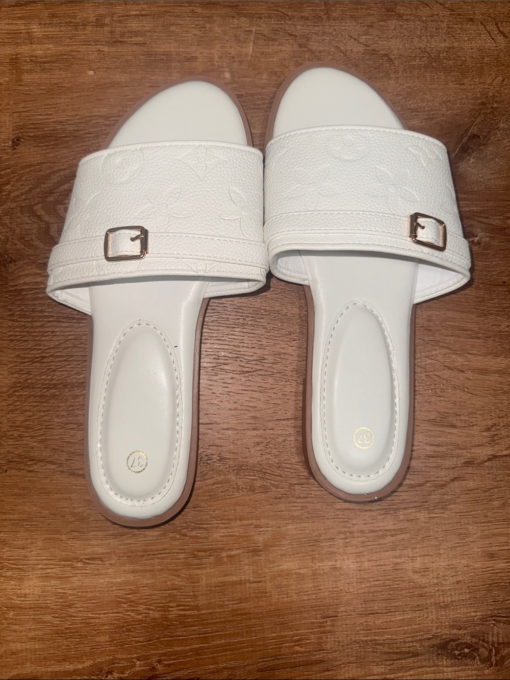 White Embossed Monogram Slide Sandals with Gold Buckle - Size 37 (US 6.5/7)